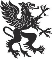 Black griffin with arms, talons,a nd tongue extended, facing right